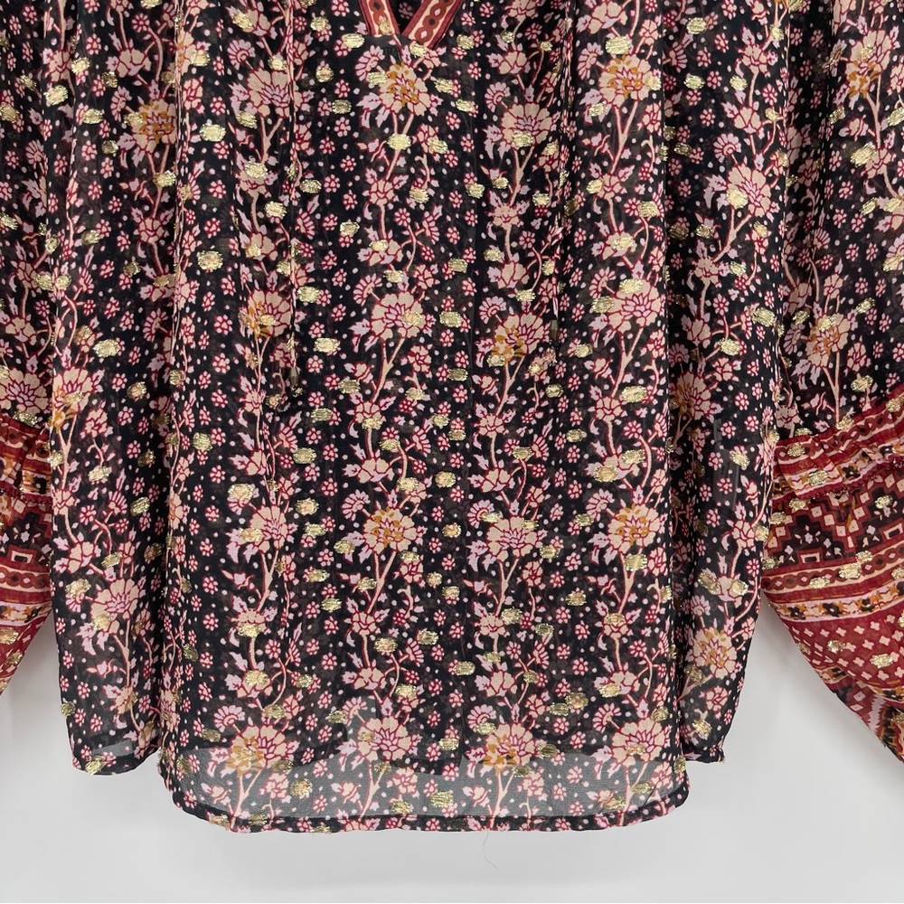 Ulla Johnson Black Floral Boho Peasant Blouse with Red Accents - Picture 3 of 12
